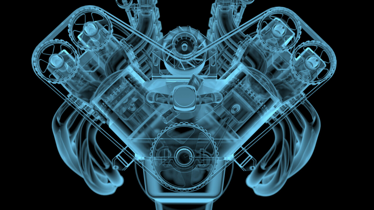 Car engine x-ray blue transparent isolated on black